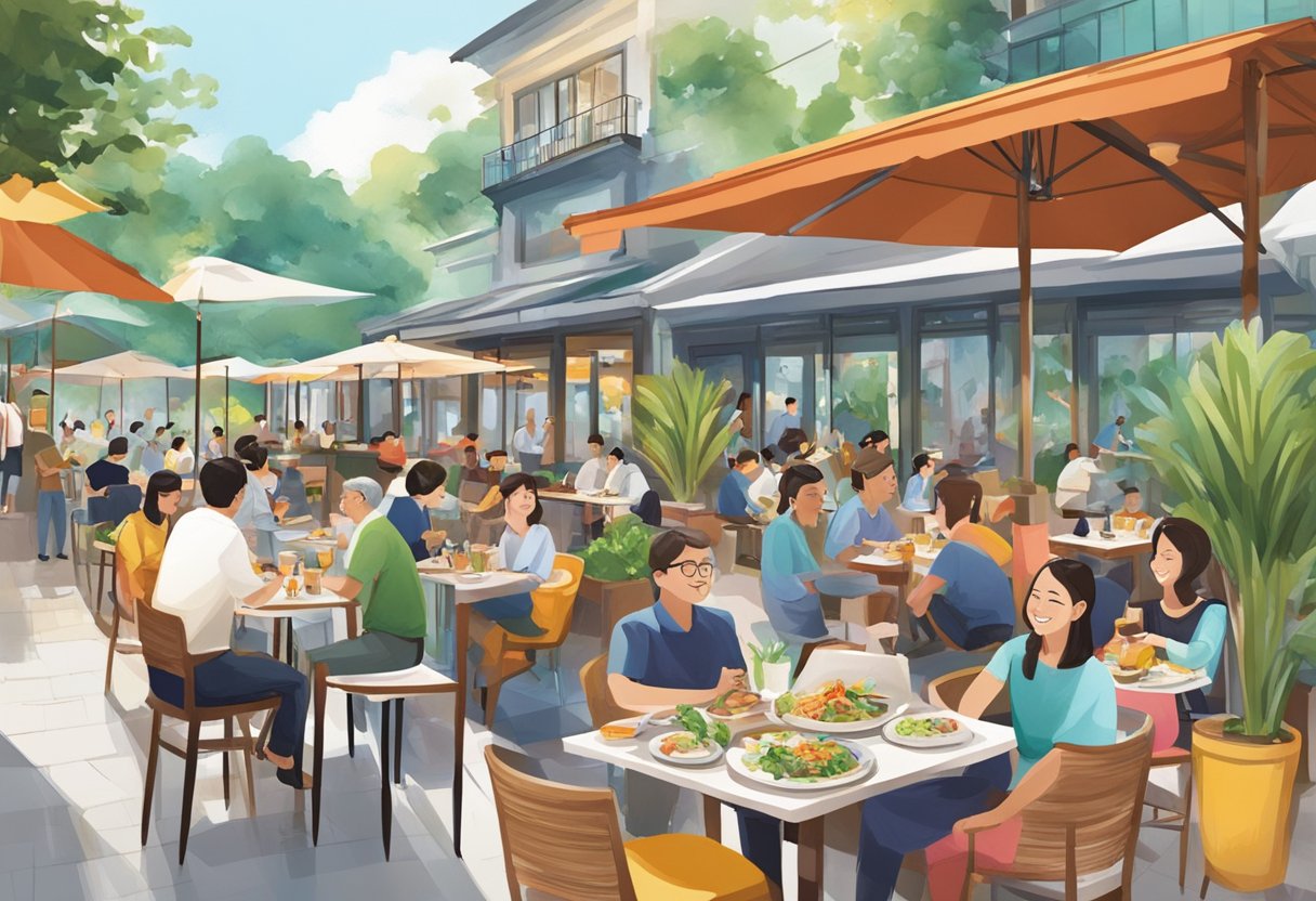 A bustling scene at Cicheti Singapore, with colorful outdoor seating, lively conversations, and tantalizing dishes being served