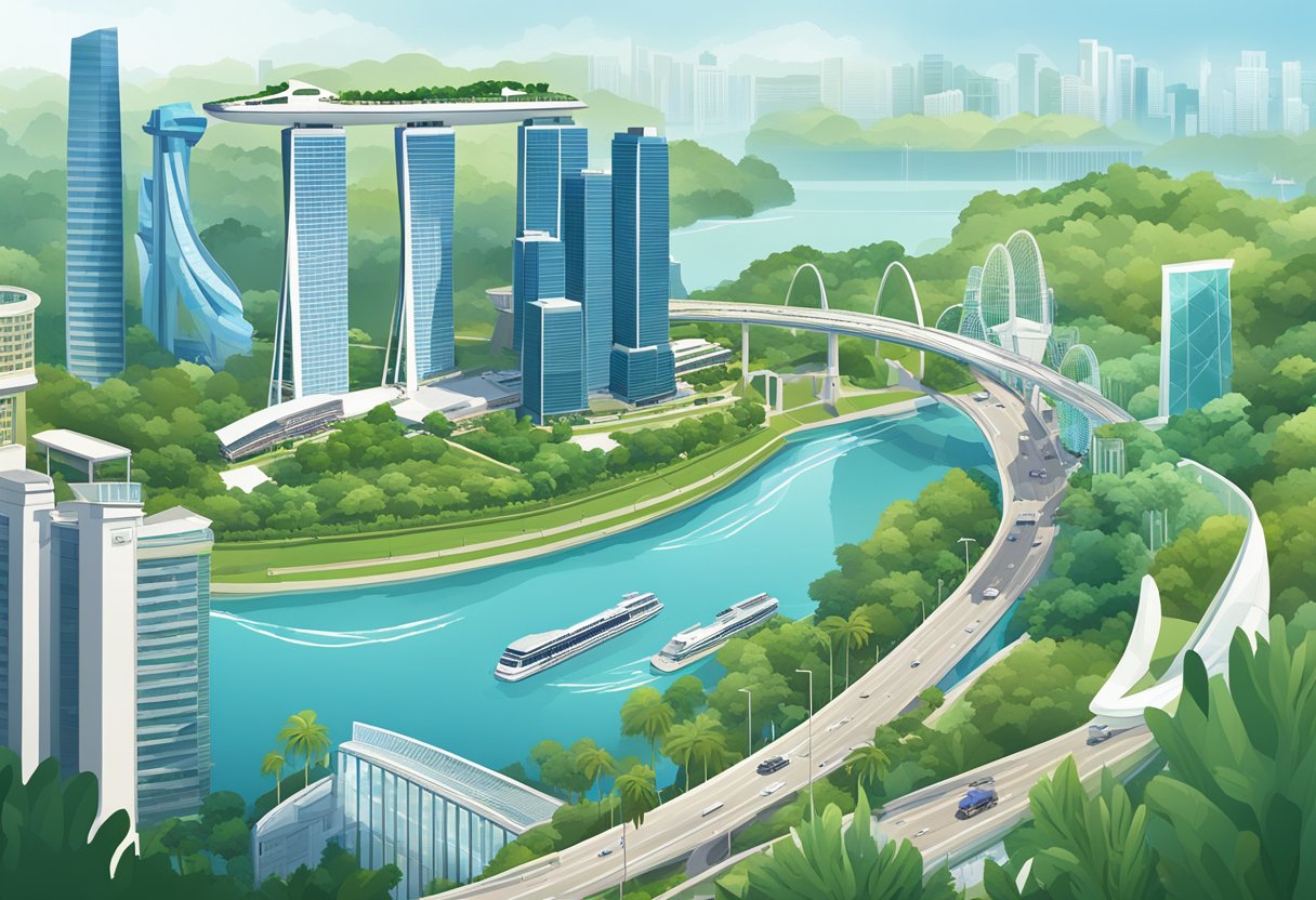 The bustling city of Singapore on a sunny day, with iconic landmarks like the Marina Bay Sands and the Singapore Flyer in the background, surrounded by lush greenery and clear blue skies