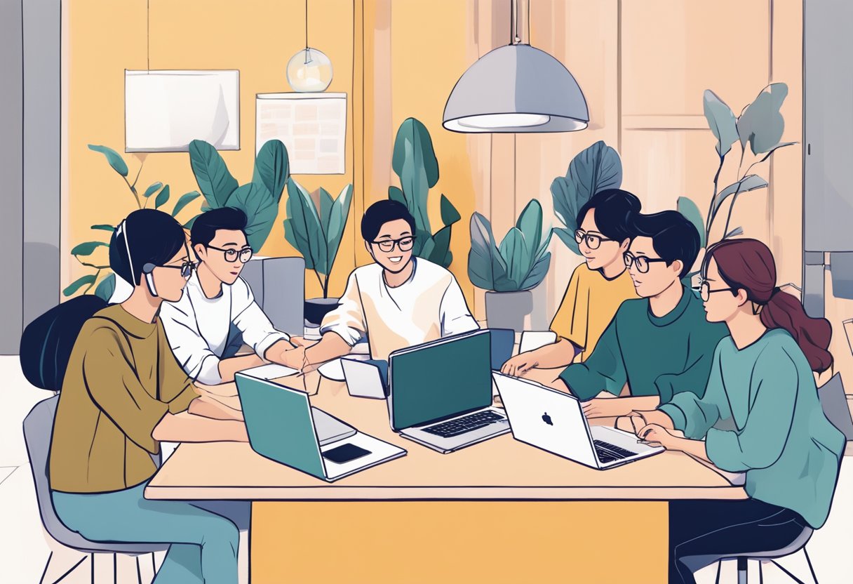 A group of Singaporean influencers gather around a table, brainstorming and planning collaborations and campaigns. They are engaged in lively discussion, with laptops and notebooks spread out in front of them
