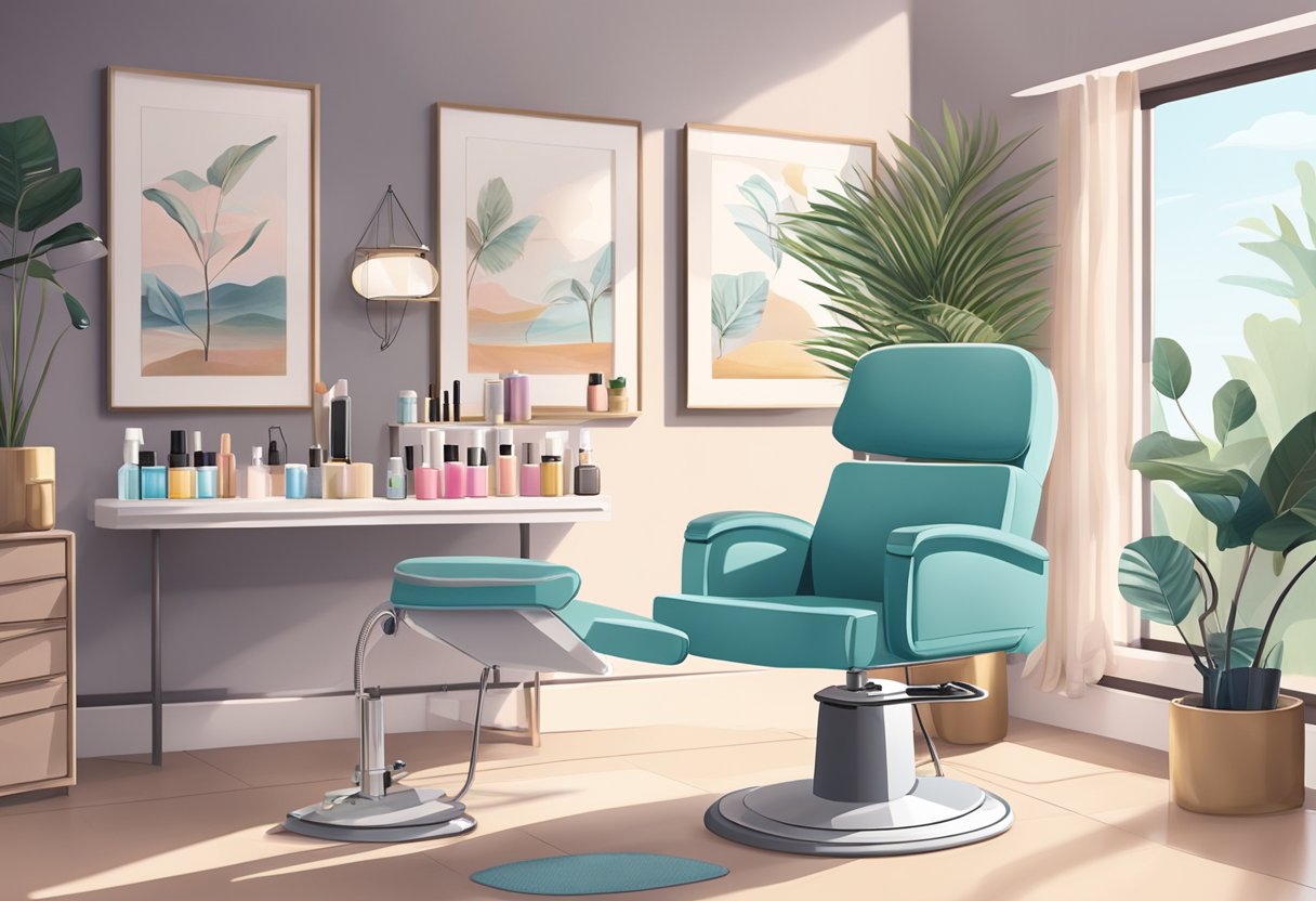 A serene salon room with a comfortable reclining chair, soft lighting, and a table filled with various eyelash extension tools and products