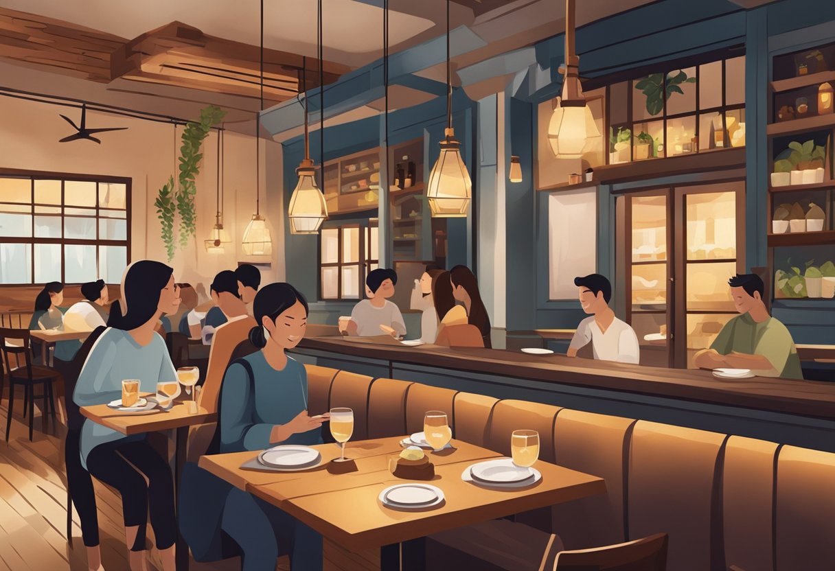 People enjoying a variety of small plates at Cicheti in Singapore. The cozy interior features warm lighting and rustic decor, creating a welcoming atmosphere
