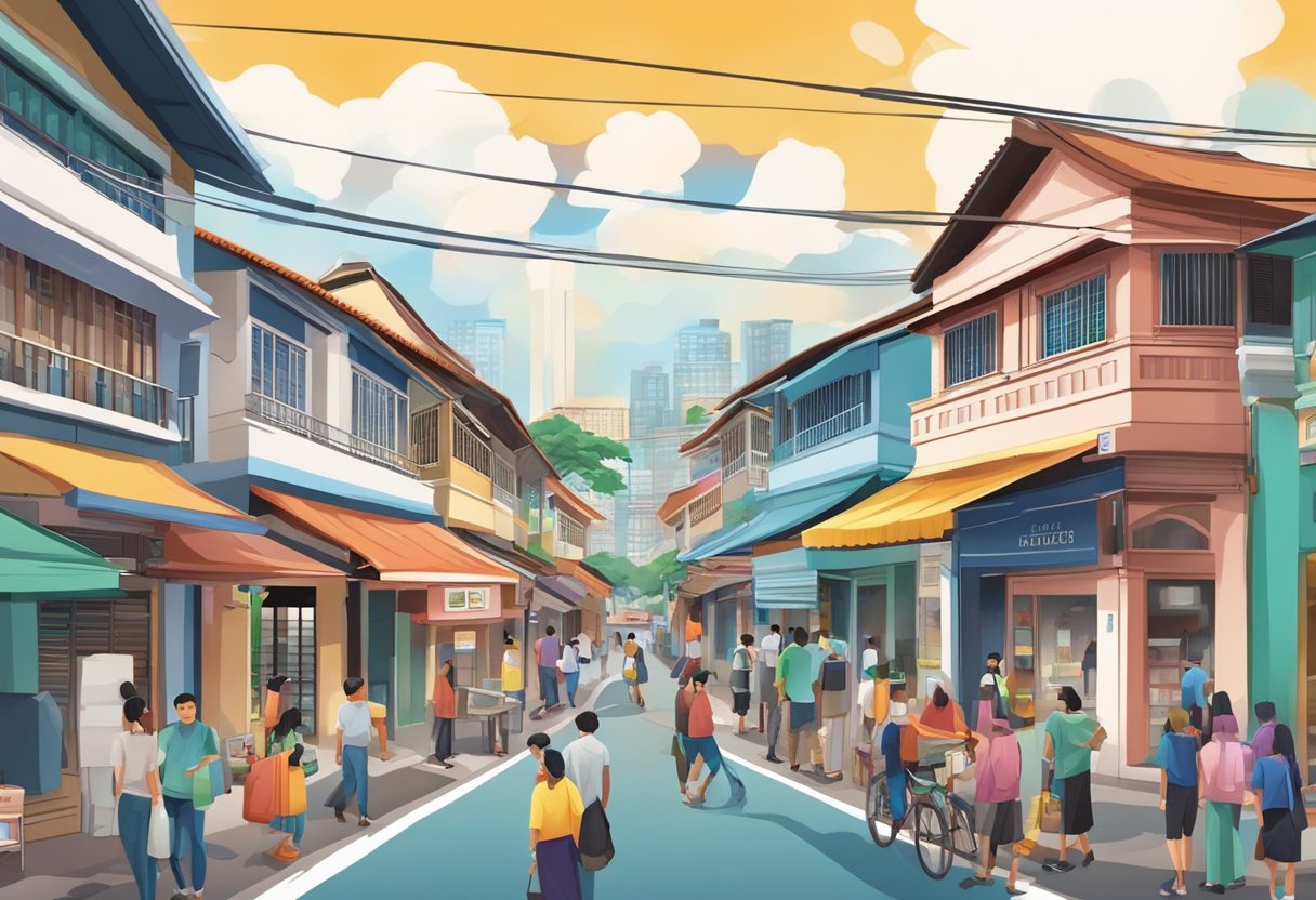 A bustling street in Bukit Merah, Singapore, with colorful shophouses and a sense of community, despite the looming threat of tuberculosis