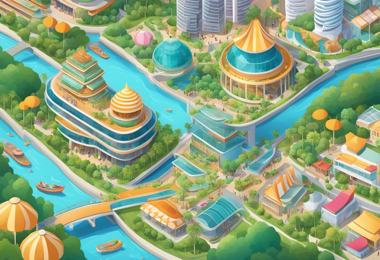 A vibrant cityscape with iconic landmarks like the Marina Bay Sands, Gardens by the Bay, and bustling streets filled with food stalls and colorful shopfronts