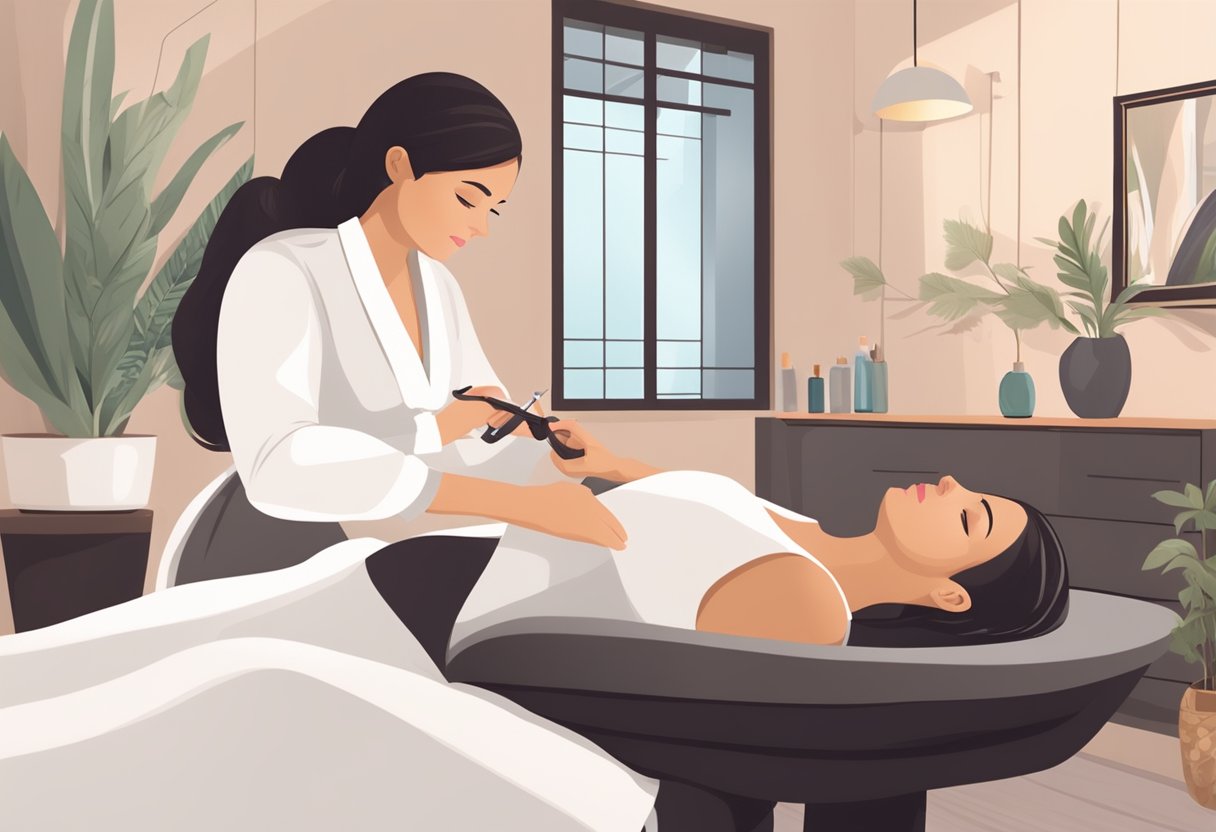 A serene spa room with soft lighting, a comfortable reclining chair, and a skilled technician applying delicate eyelash extensions to a client's natural lashes