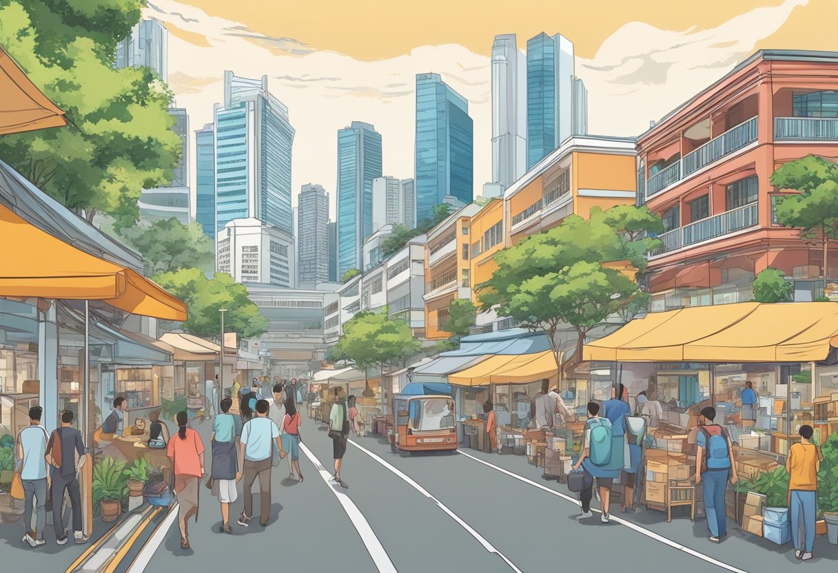 A bustling urban scene in Singapore's Bukit Merah district, with iconic landmarks and diverse communities, depicting the impact of tuberculosis on the city