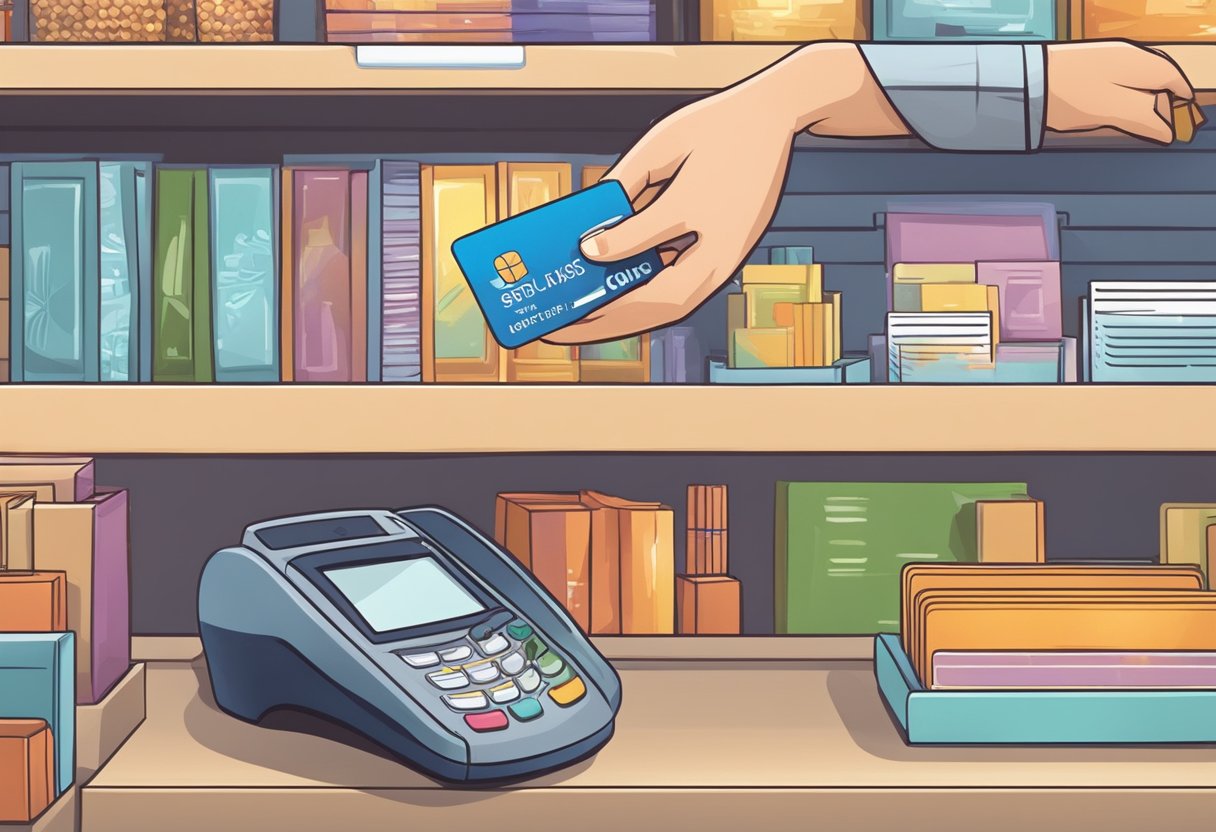 A hand swipes a gift card at a store counter, then uses it to make a purchase