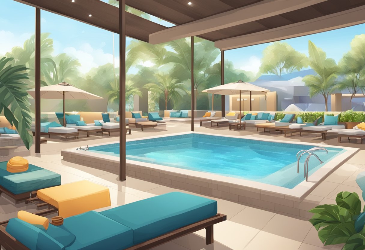 The scene includes a pool with loungers, a spa area with massage tables, a fitness center with exercise equipment, and a restaurant with outdoor seating