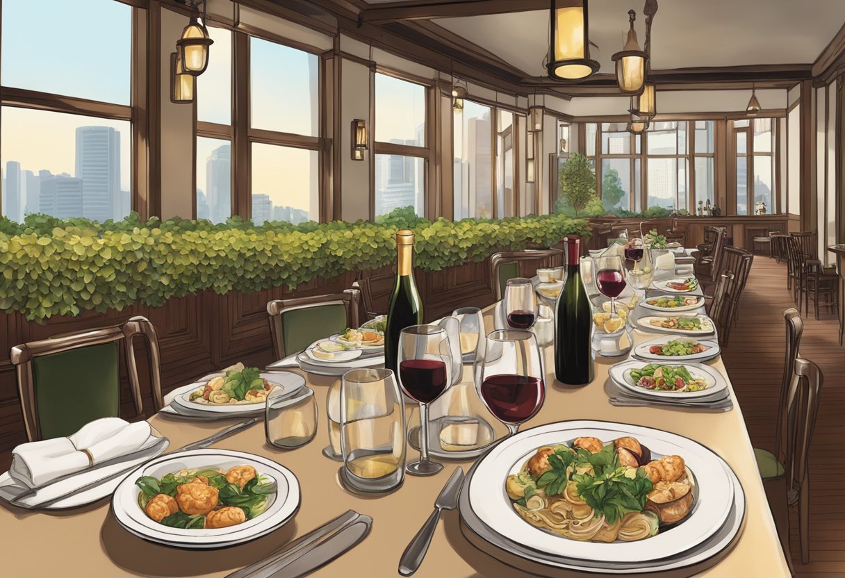 A table filled with small plates of Italian cicheti, wine glasses, and a bustling atmosphere in a cozy restaurant in Singapore