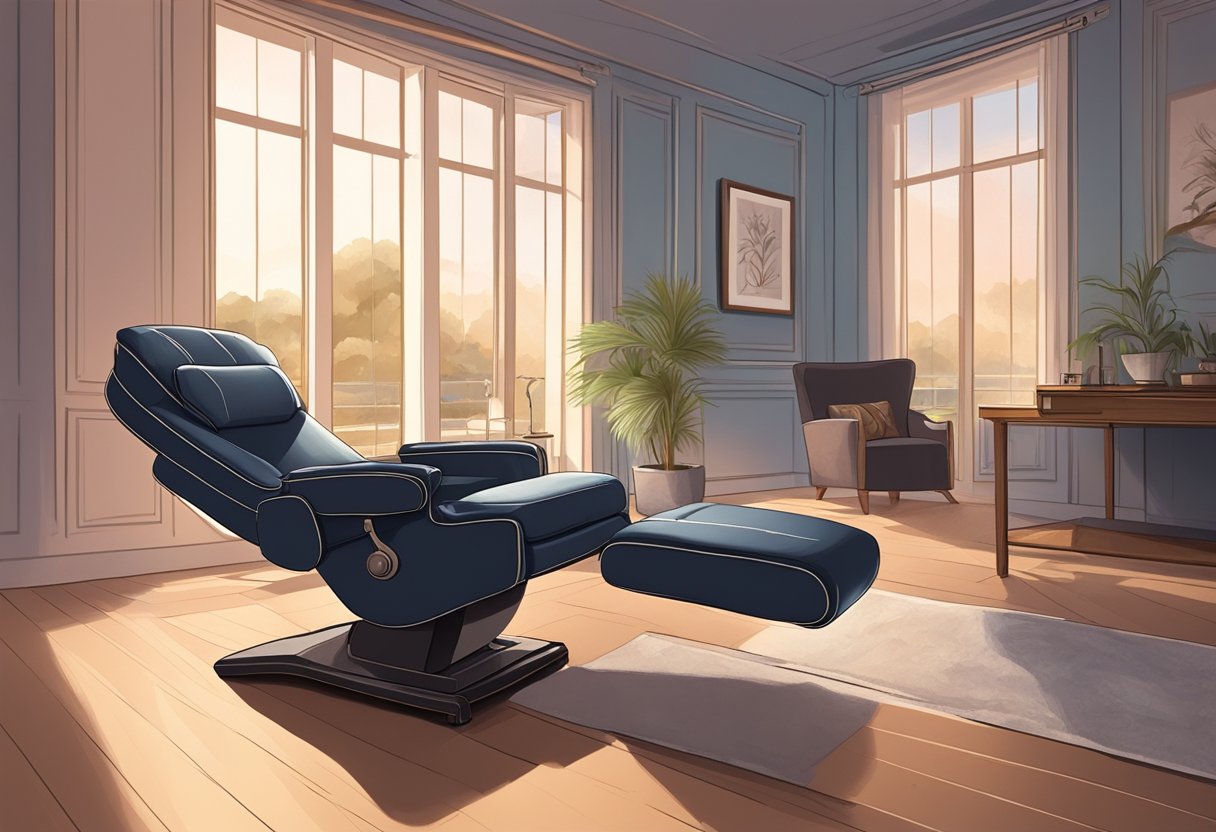 A serene, dimly lit room with a comfortable reclining chair, soft ambient music playing, and a skilled technician delicately applying lash extensions
