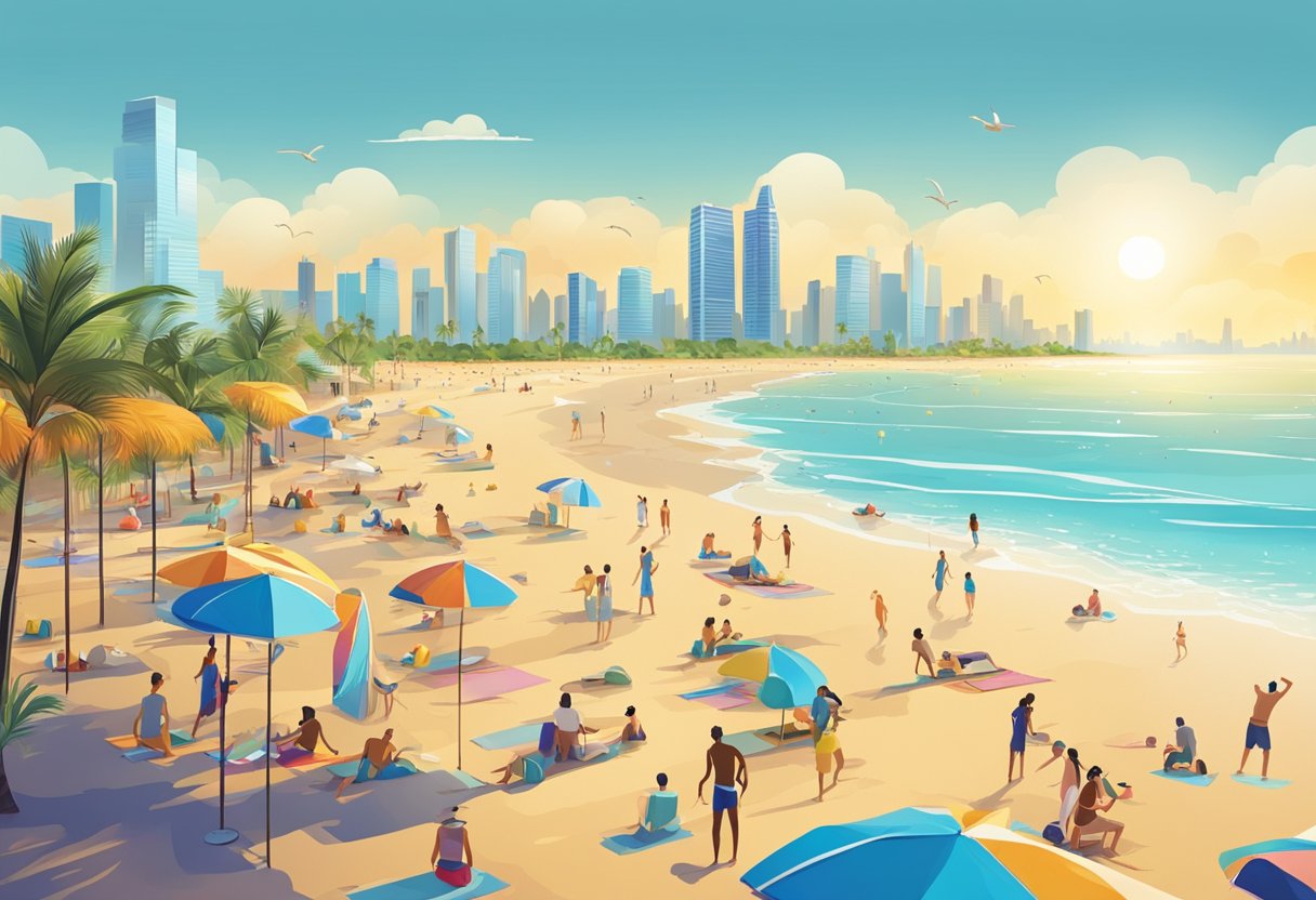 A sunny beach with palm trees and a clear blue sky, with a bustling city skyline in the background. A group of people are enjoying various outdoor activities like swimming, sunbathing, and playing beach volleyball