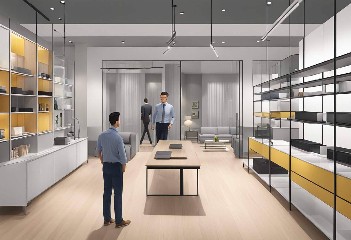 A person walks through Häfele Singapore's showroom, admiring modern furniture fittings and innovative storage solutions
