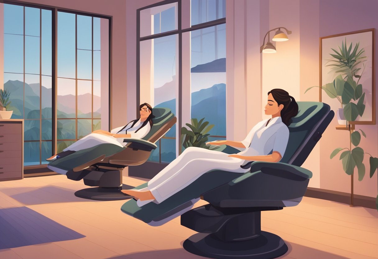 A woman reclines in a comfortable chair, while a technician carefully applies individual eyelash extensions. The room is softly lit, creating a tranquil atmosphere for the procedure