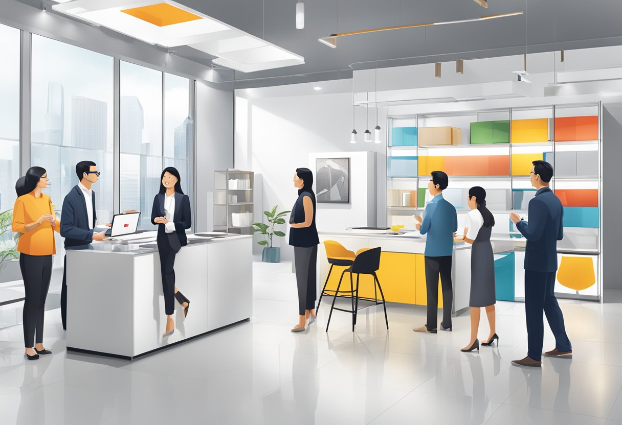 A group of people interacting with Hafele Singapore products in a bright and modern showroom