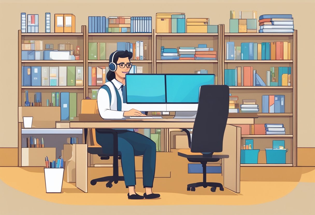 A customer service representative answers questions at a desk with a computer and phone, surrounded by shelves of products