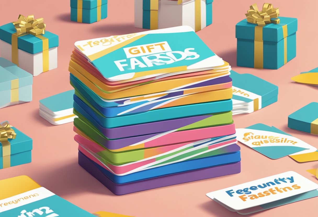 A stack of gift cards with "Frequently Asked Questions" text, set against a Singaporean backdrop