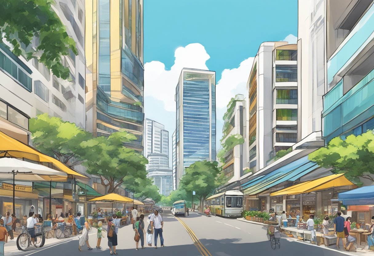 Havelock Road, Furama Riverfront, Singapore: A bustling street with tall buildings, lined with shops and restaurants, and a view of the river