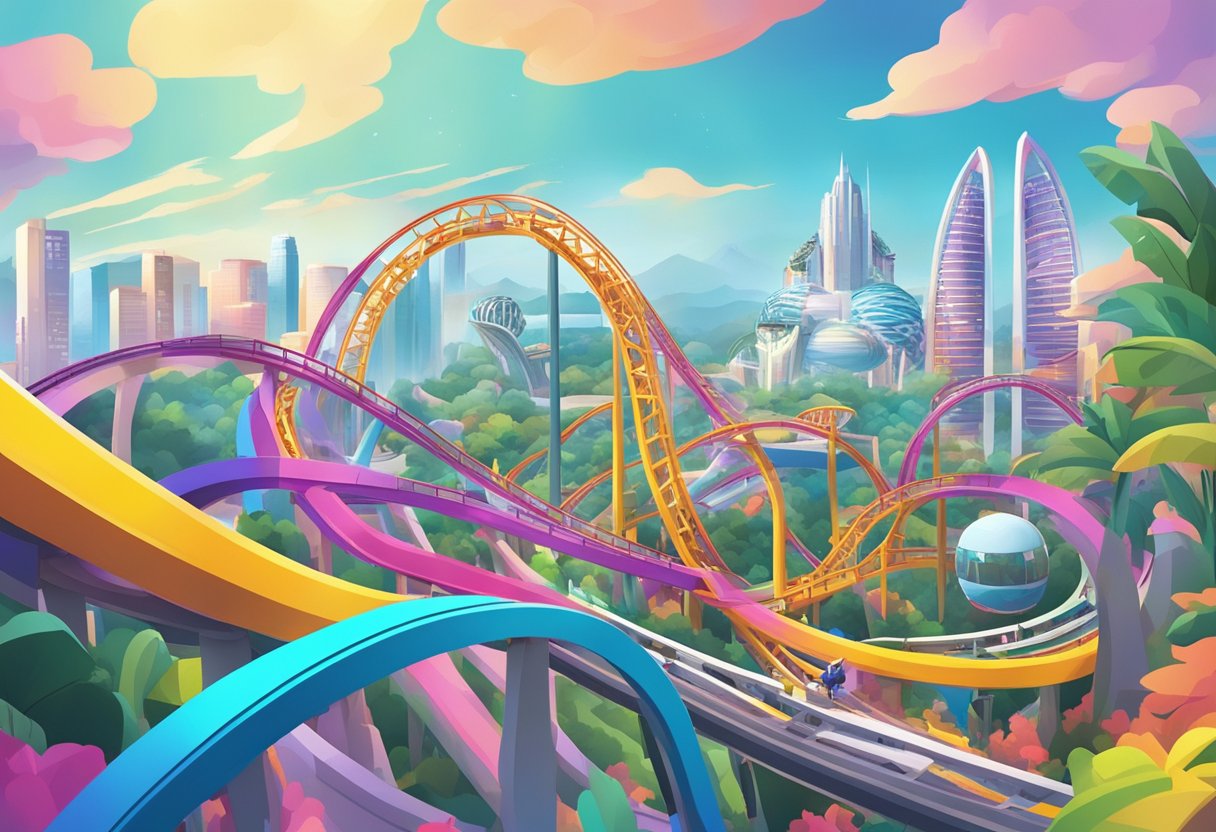 A thrilling roller coaster speeding through a colorful, futuristic cityscape with iconic Universal Studios Singapore landmarks in the background