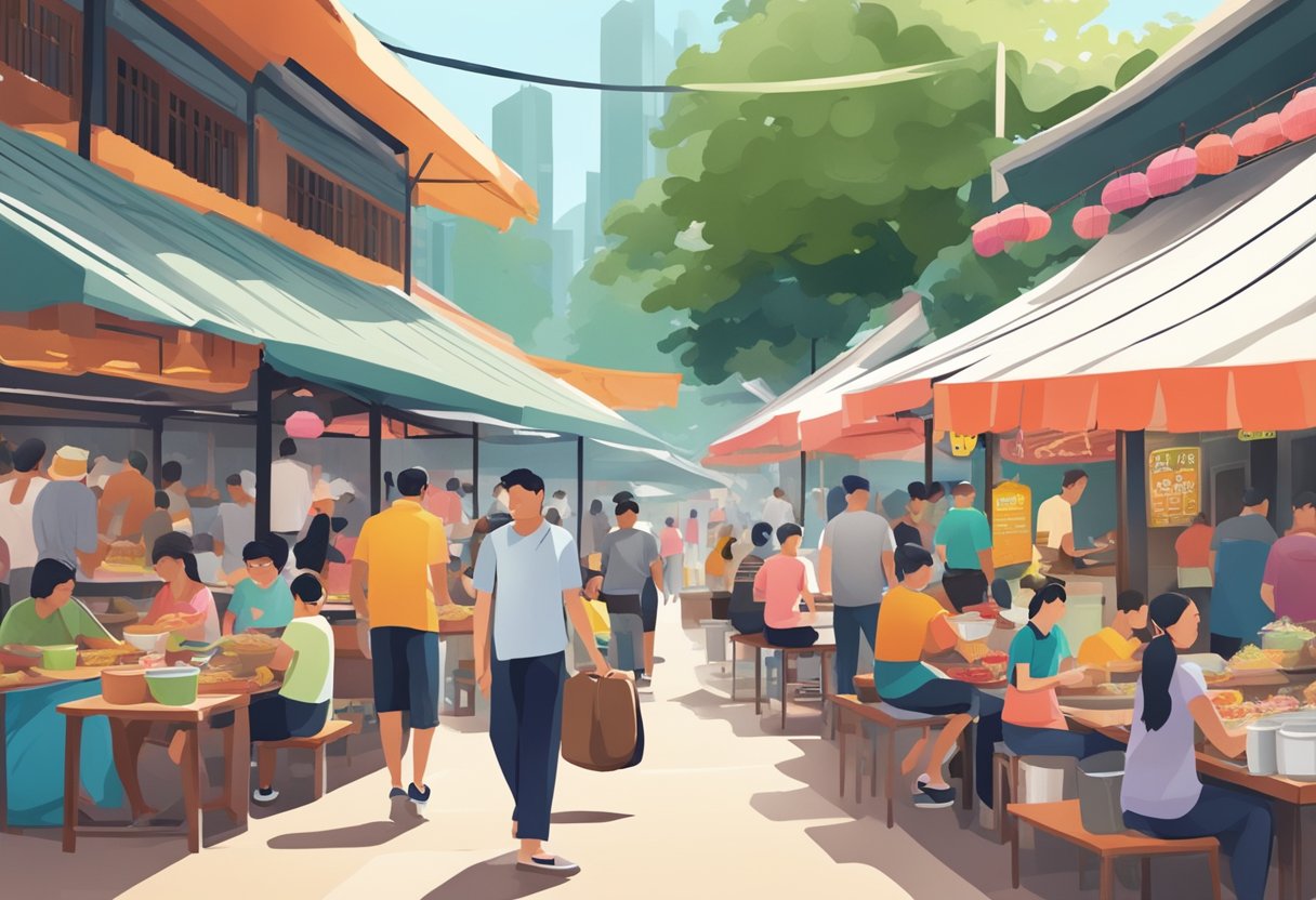 A bustling hawker center in Singapore with steaming woks, colorful food stalls, and a vibrant mix of locals and tourists