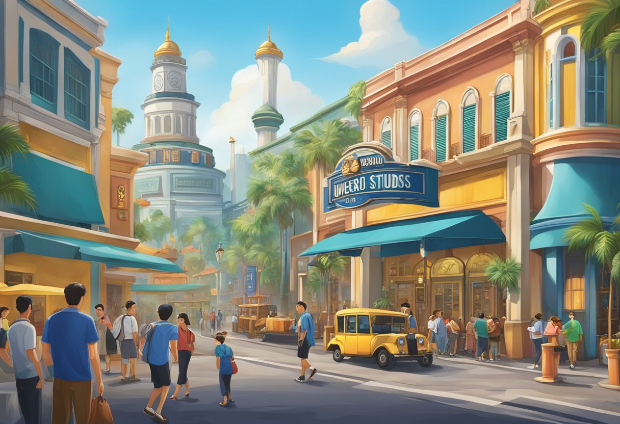 A bustling Universal Studios Singapore backdrop with iconic movie-themed sets and vibrant colors