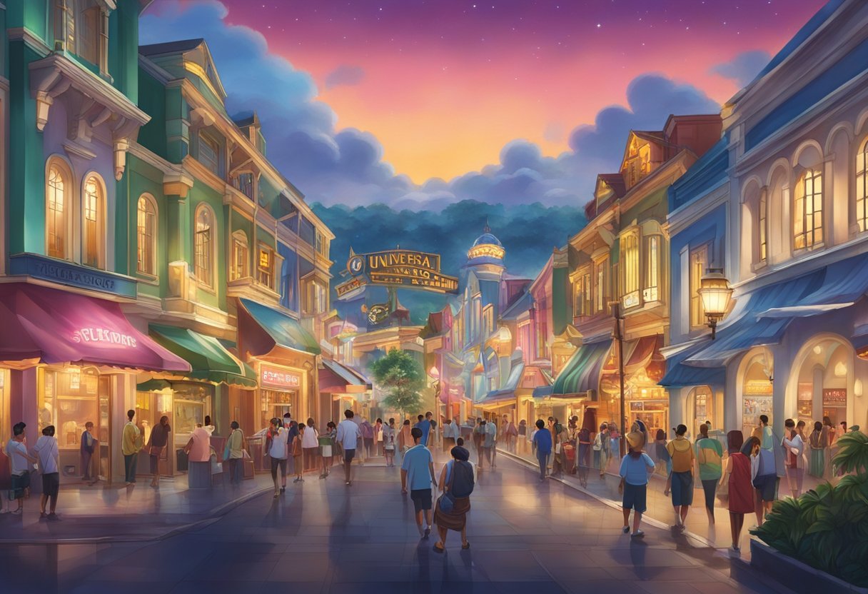 The vibrant lights of Universal Studios Singapore illuminate the lively streets, with iconic movie-themed attractions creating a magical backdrop for a photoshoot