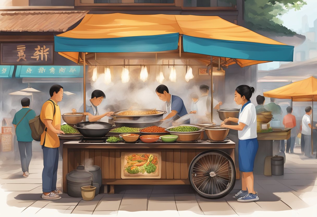Hawker Chan's stall bustles with customers, steam rising from sizzling woks. The aroma of soy sauce and spices fills the air