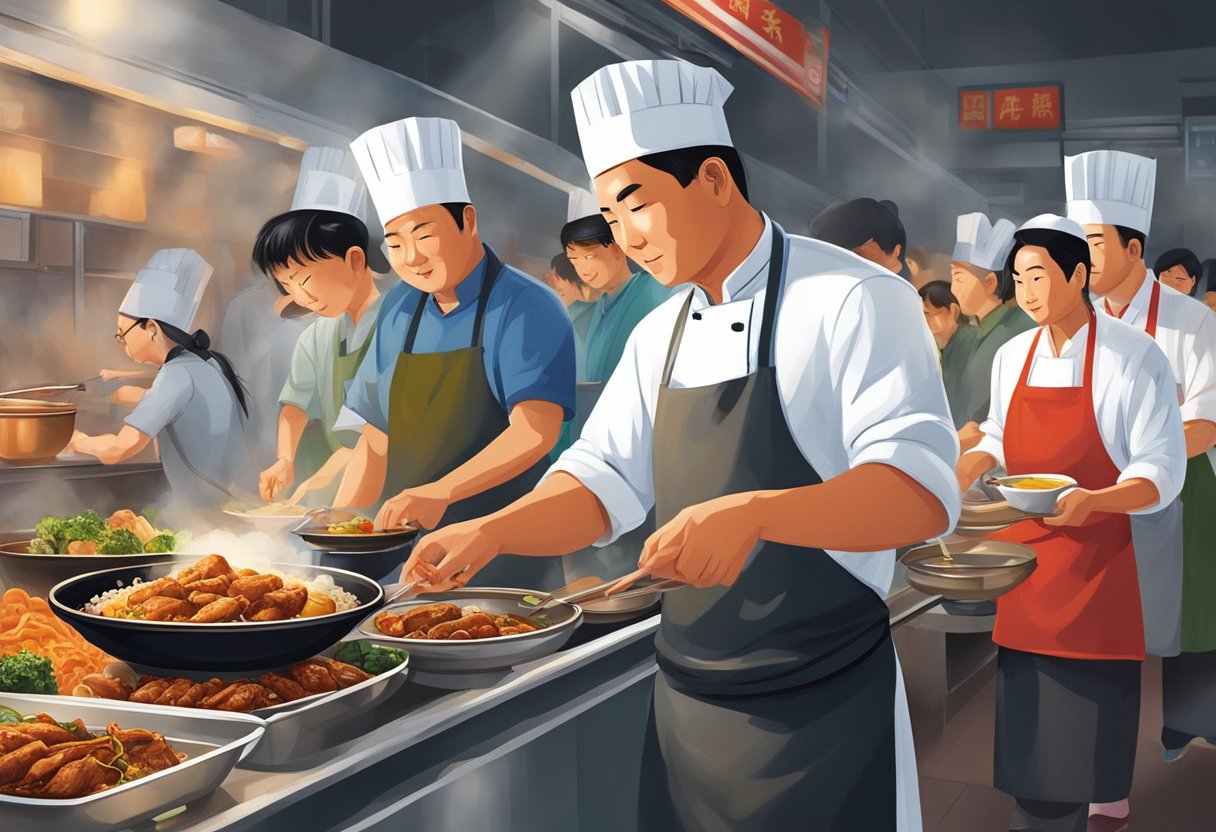 Customers line up at Hawker Chan, savoring the aroma of soy sauce chicken. Steam rises from the sizzling woks as the chef skillfully plates the renowned dish