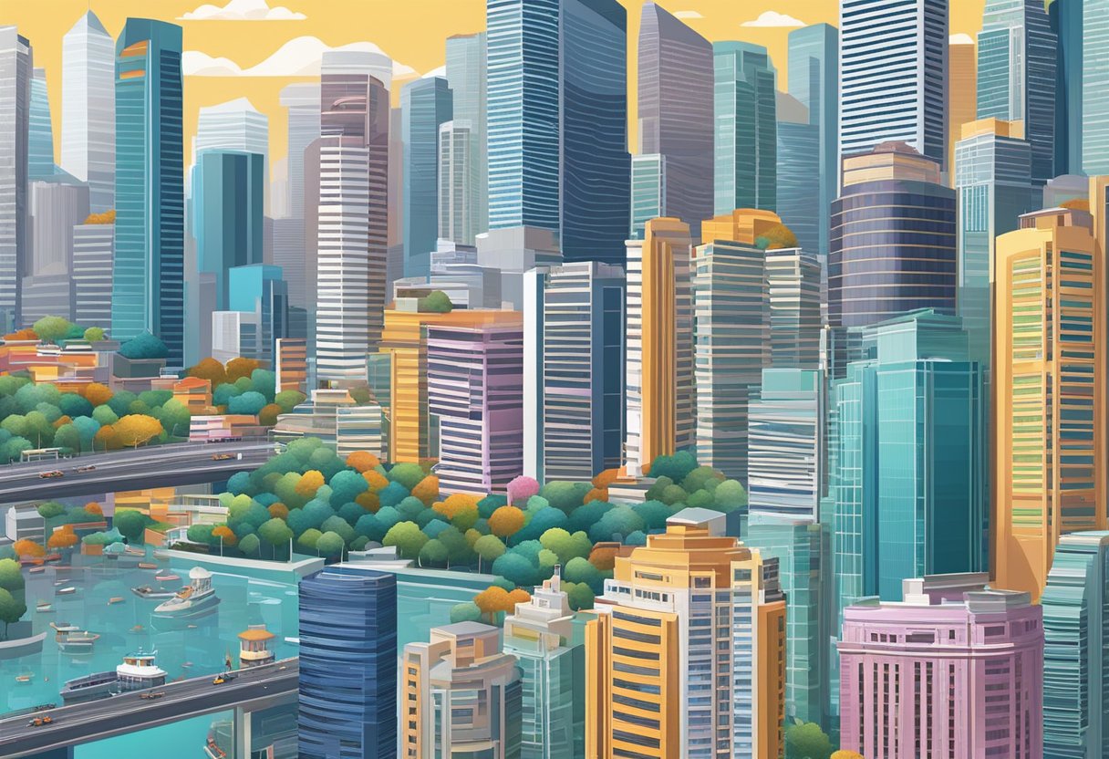 A vibrant cityscape of Singapore at sixty eight, with iconic skyscrapers and bustling streets