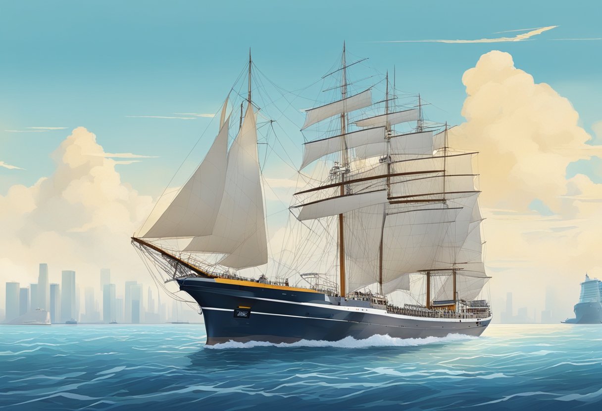 A ship sails from Singapore to Surabaya, passing through calm blue waters and under a clear sky