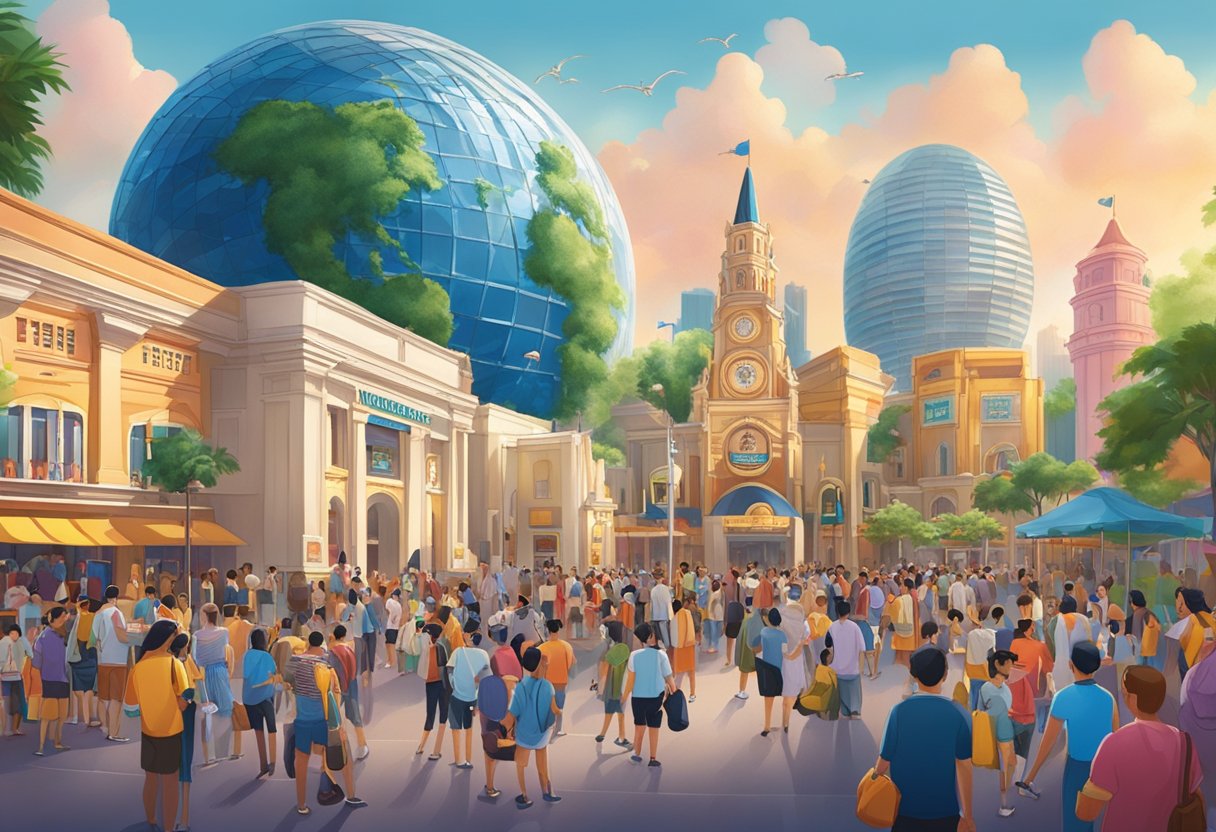 A bustling crowd gathers in front of Universal Studios Singapore, with iconic landmarks and vibrant colors in the background