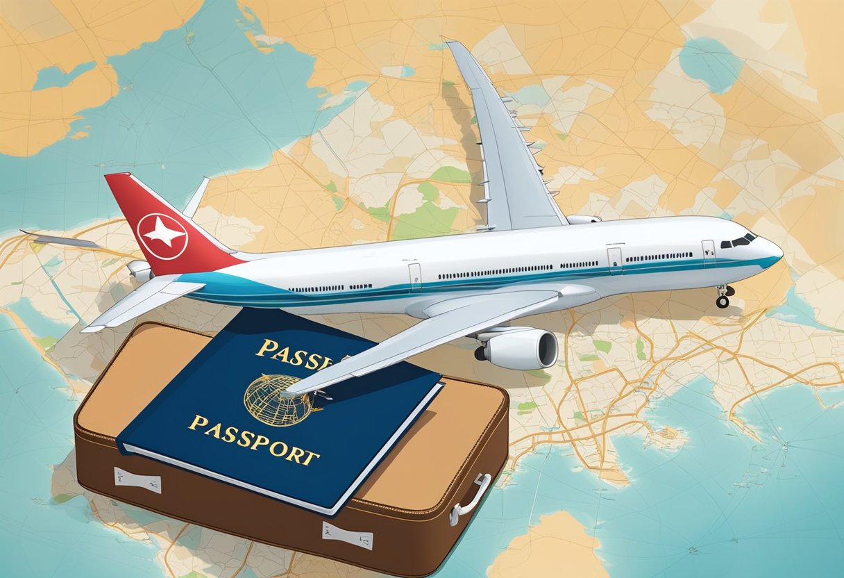Passport and map on table, airplane flying from Singapore to Surabaya, suitcase packed, excited traveler