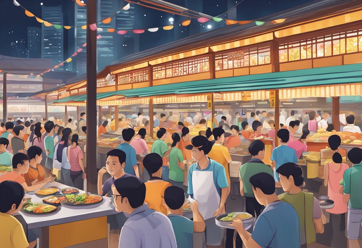 A bustling hawker center in Singapore, with colorful food stalls and a crowd of people lining up for the famous dishes at Hawker Chan