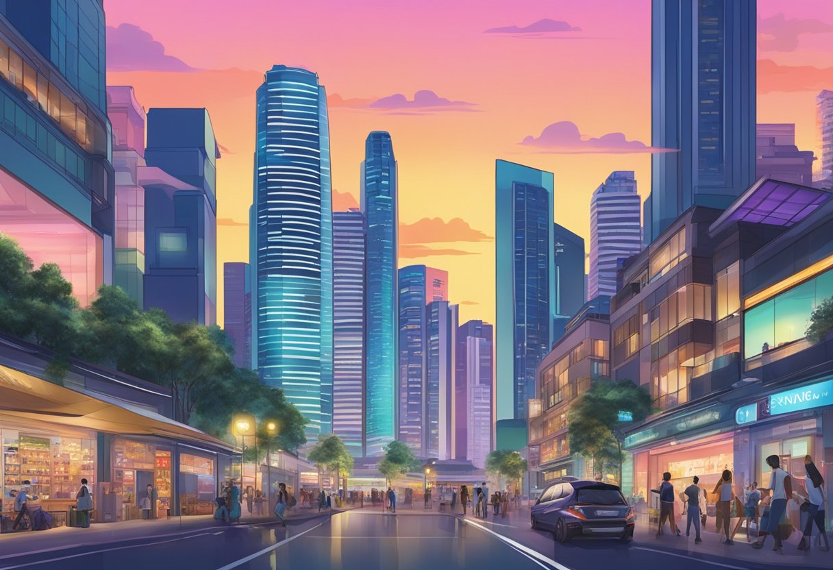 A vibrant cityscape of Singapore at dusk, with the iconic 6ixty8ight store illuminated against the skyline