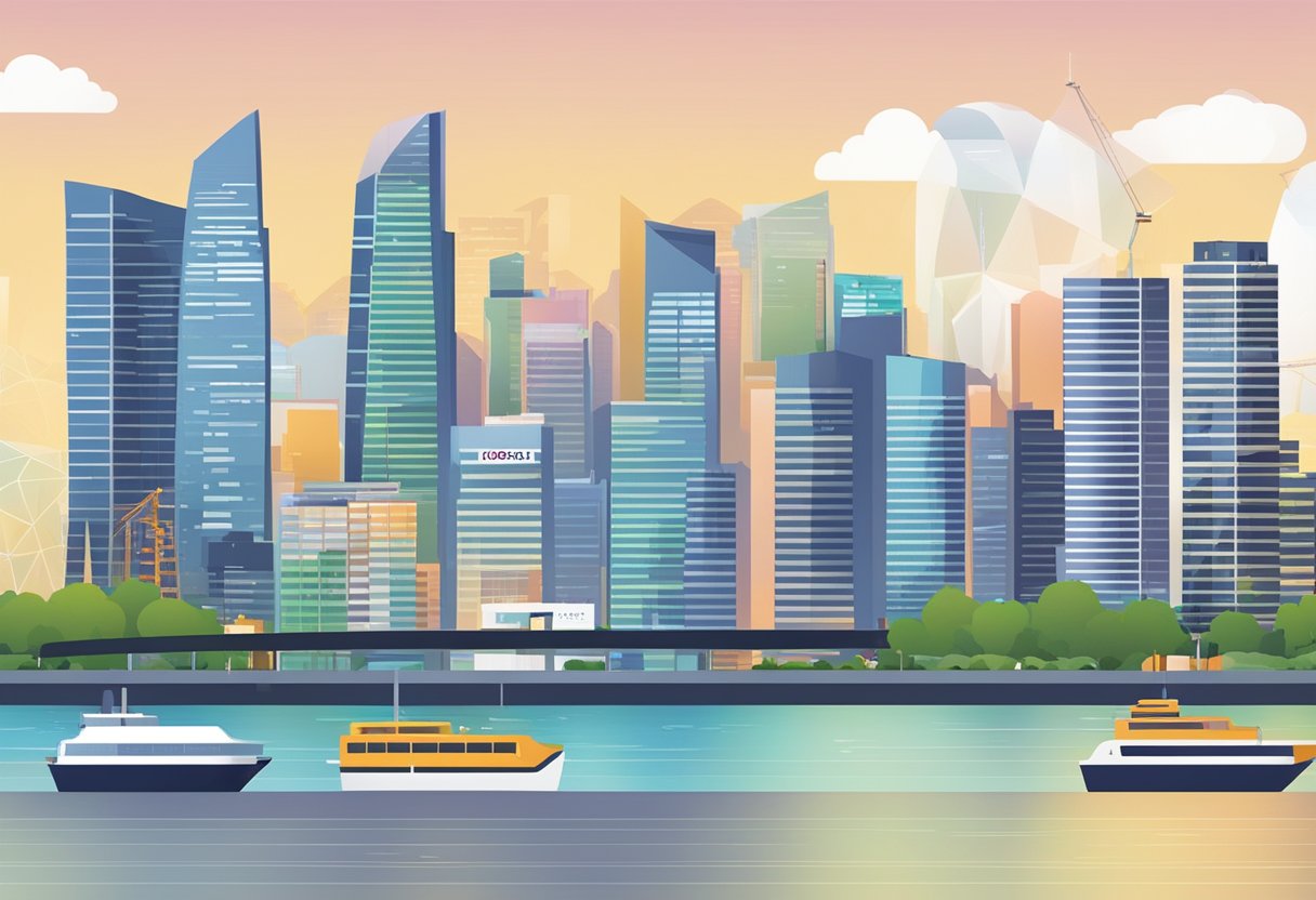 A computer screen displaying the GeBIZ website with the Singapore skyline in the background. The screen shows various procurement and tendering information