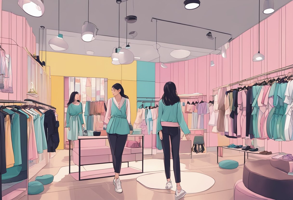 A colorful display of lingerie and loungewear at 6ixty8ight Singapore with customers browsing and trying on items