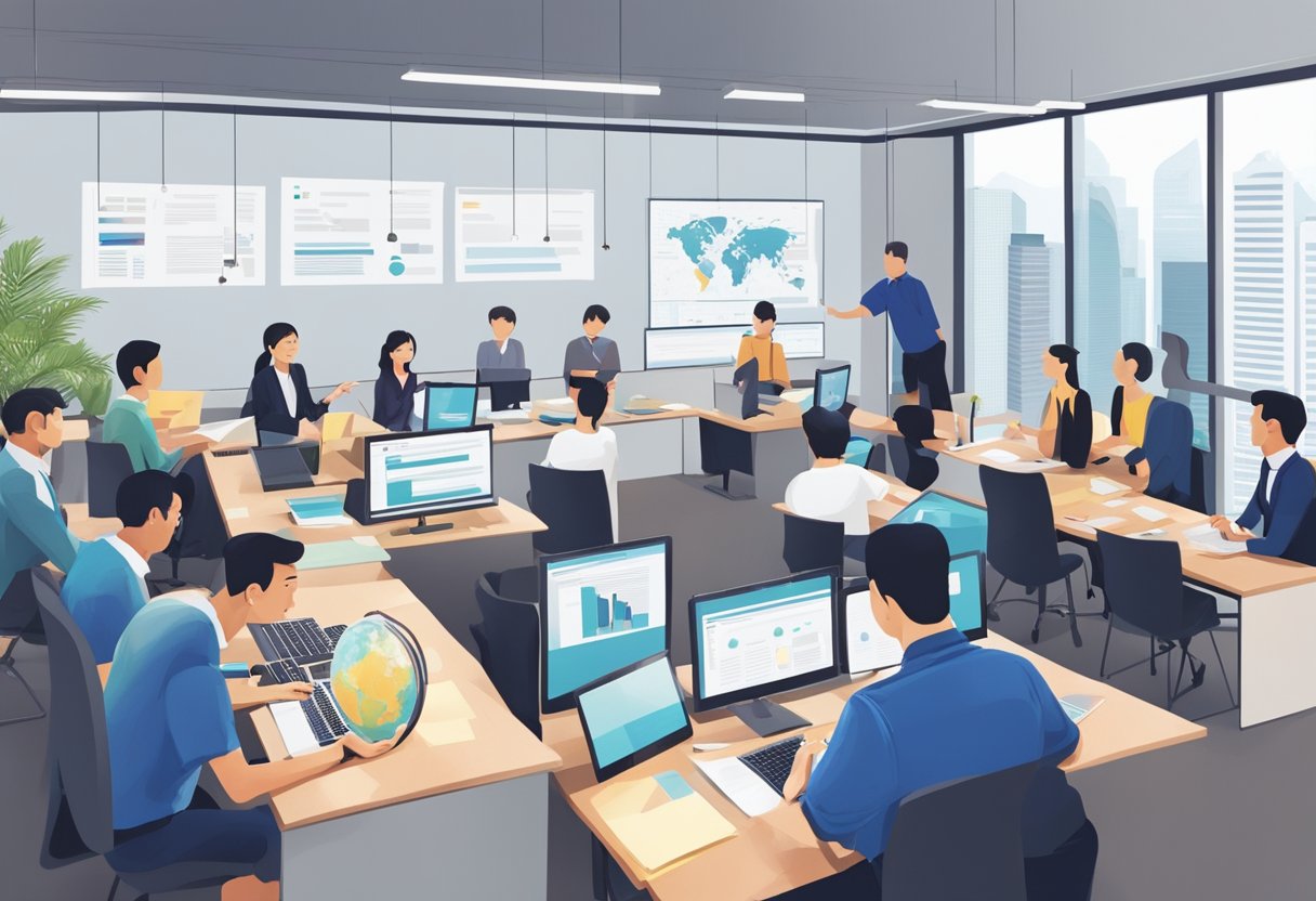 A group of individuals reviewing and submitting tenders and quotations on the Gebiz platform in Singapore. The room is filled with focused energy and determination