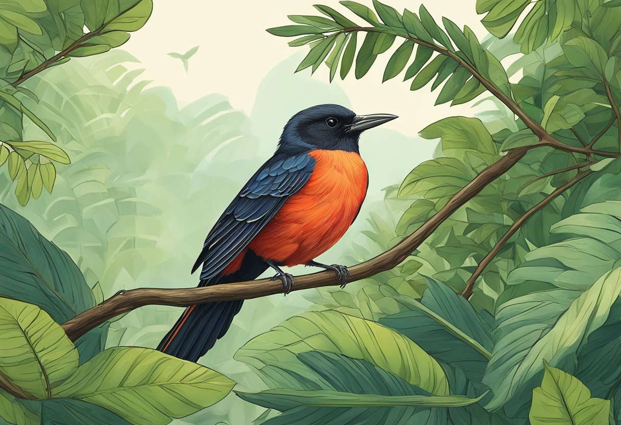 A red-winged bird perches on a branch in lush Singaporean foliage