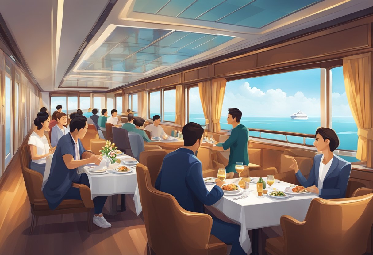 Passengers enjoying panoramic views, dining, and relaxing in comfortable seats on a luxurious cruise from Singapore to Surabaya