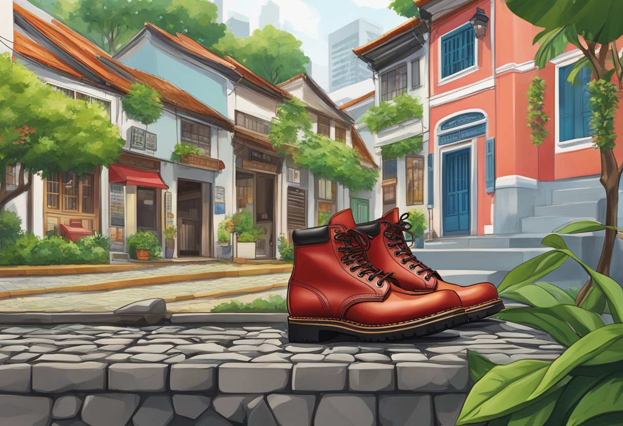 A pair of Red Wing Heritage boots stands on a cobblestone street in Singapore, surrounded by lush greenery and traditional shophouses
