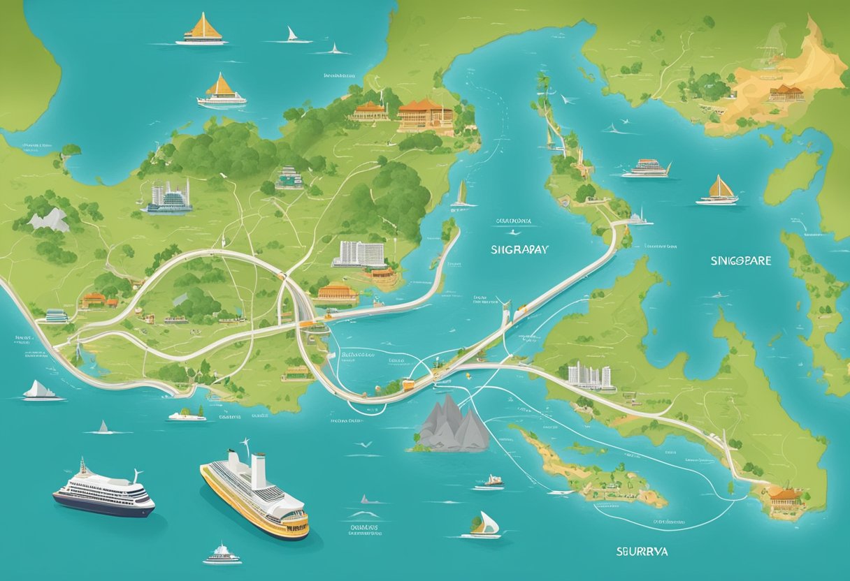 A map showing the route from Singapore to Surabaya with landmarks and transportation options