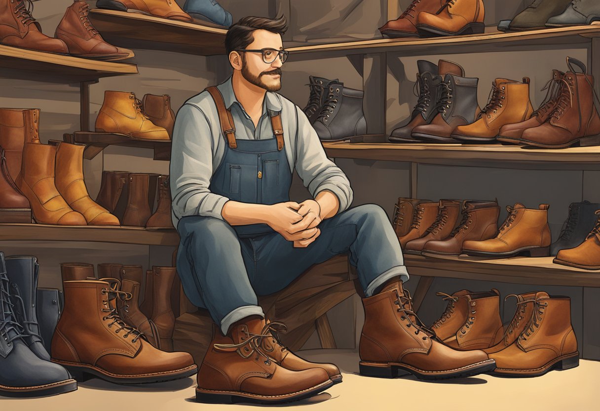 A customer tries on Red Wing boots, admiring the craftsmanship and durability. The salesperson offers personalized fitting and expert advice