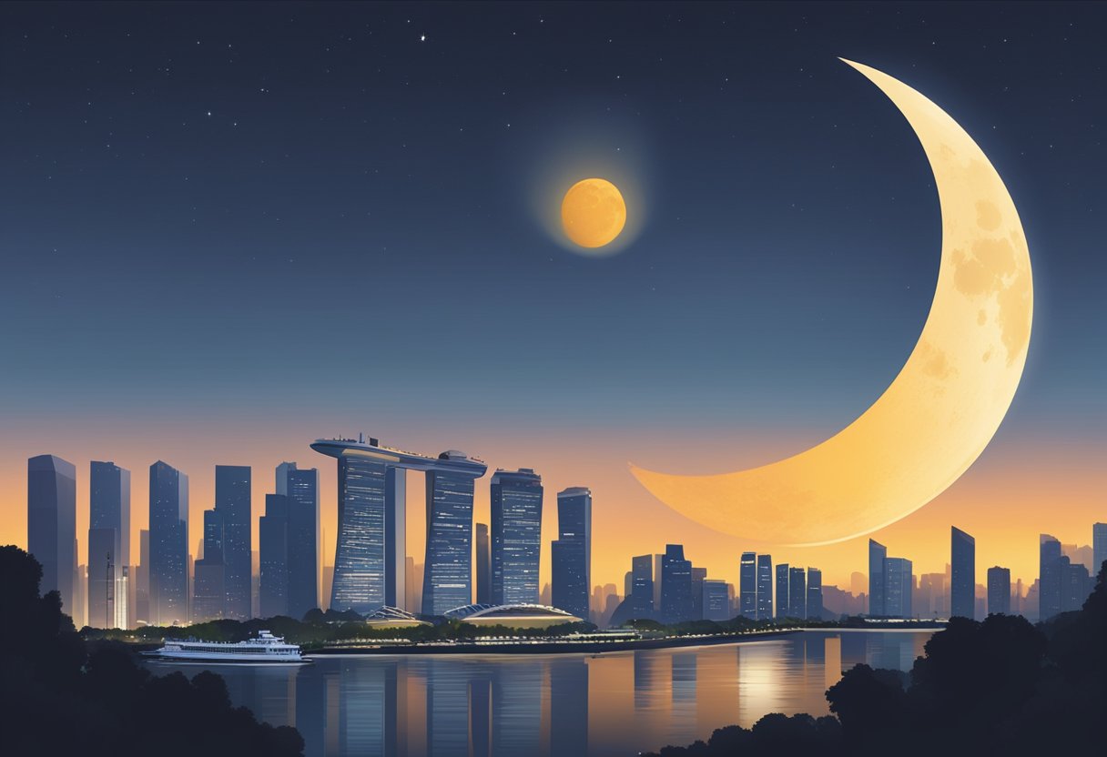 The sun is partially covered by the moon, casting a shadow over Singapore. The sky darkens as the eclipse unfolds