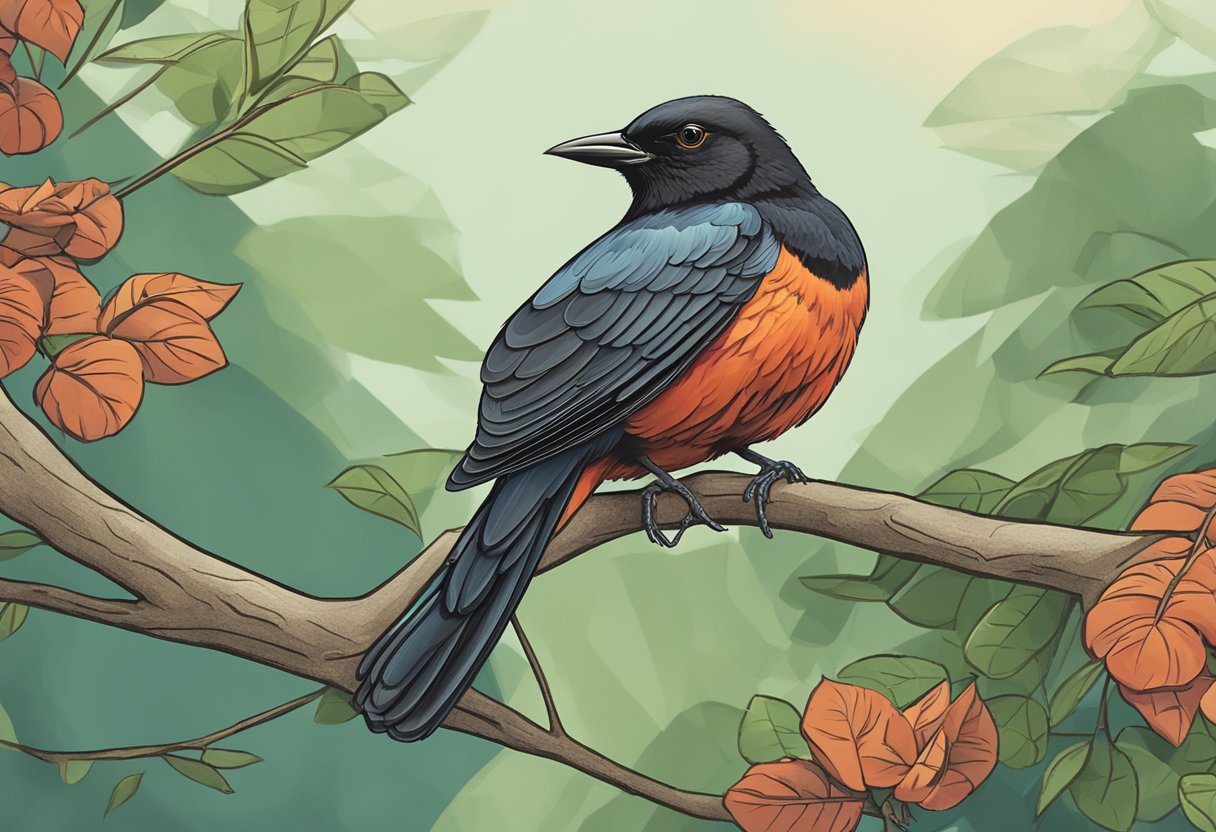 A red-winged bird perched on a branch, with a sign reading "Frequently Asked Questions" in the background