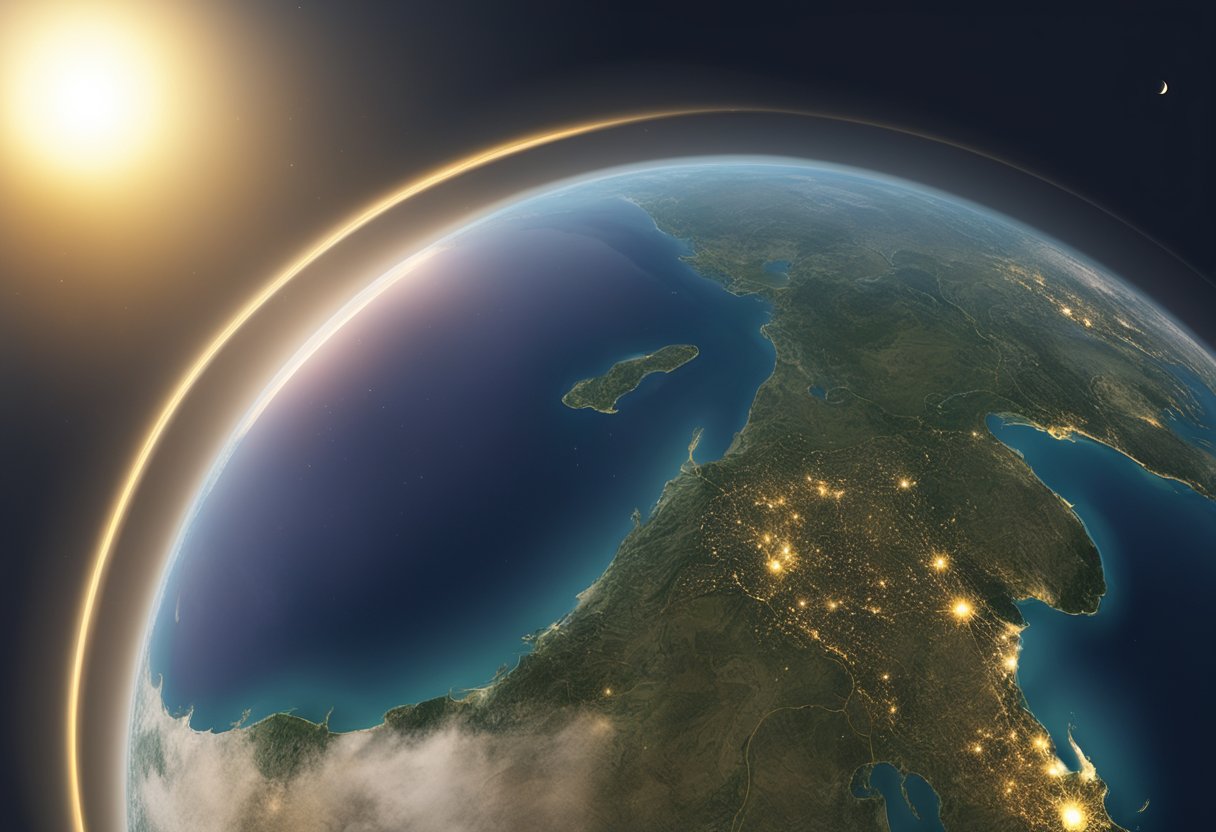 The sun partially covered by the moon, casting a shadow over Singapore, with a ring of sunlight surrounding the darkened area