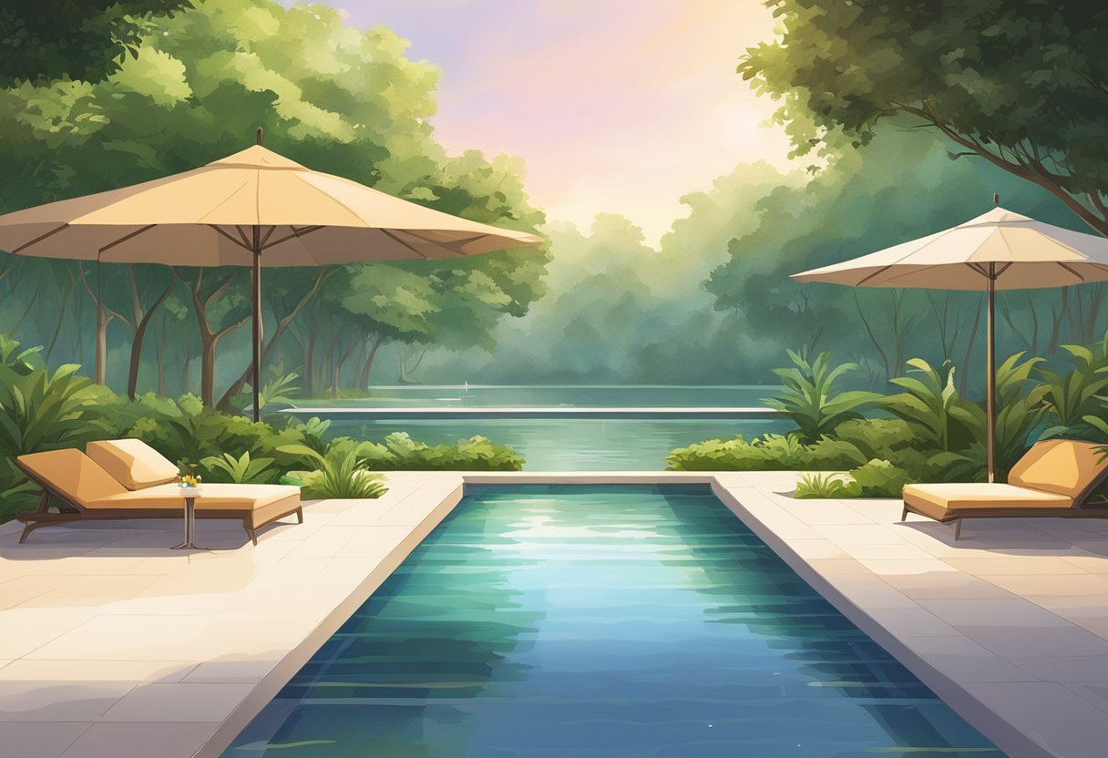 A serene crescent-shaped pool nestled within lush greenery at Safra Punggol, Singapore. The sun sets, casting a warm glow over the calm waters