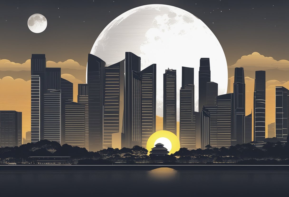 A solar eclipse in Singapore: Sun partially covered by moon, casting a shadow over the city skyline and creating a dramatic contrast of light and darkness