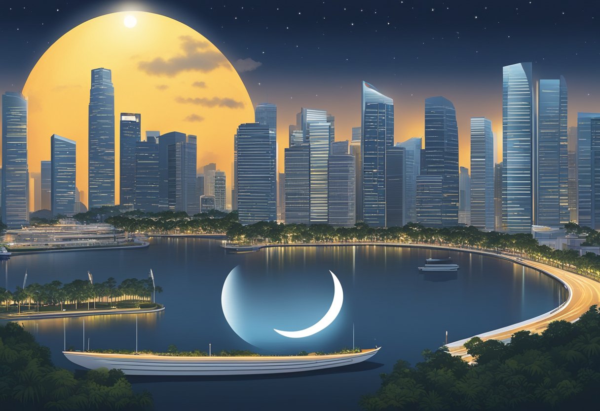 The sun partially obscured by the moon, casting a shadow over the cityscape of Singapore