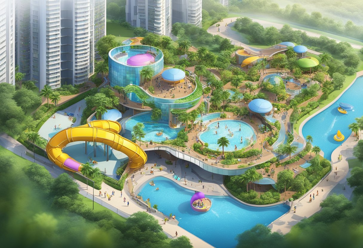 A vibrant SAFRA Punggol, with families enjoying the water park, lush greenery, and modern architecture