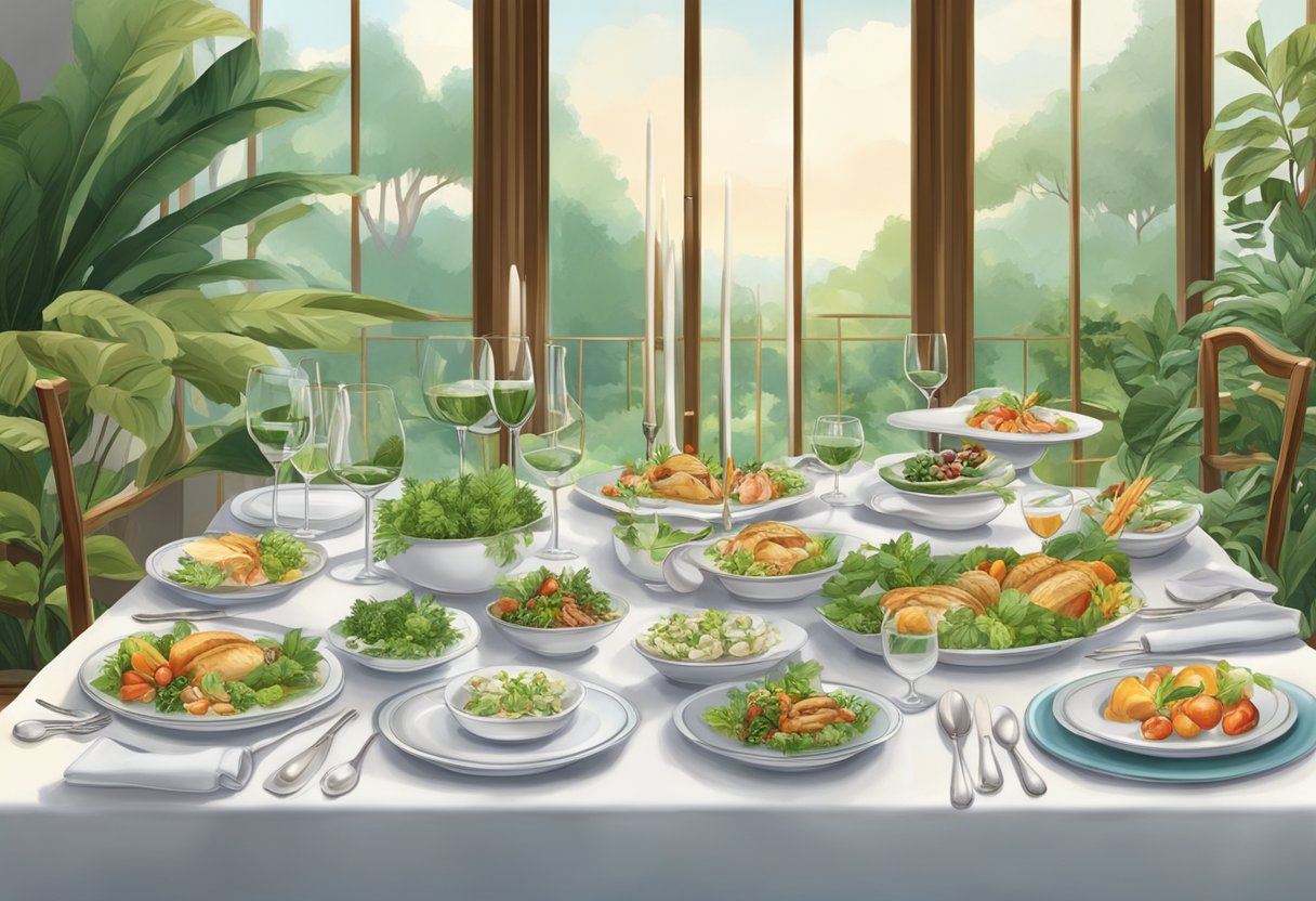 A beautifully set table with elegant cutlery, fine china, and a variety of gourmet dishes, surrounded by lush greenery and a serene ambiance
