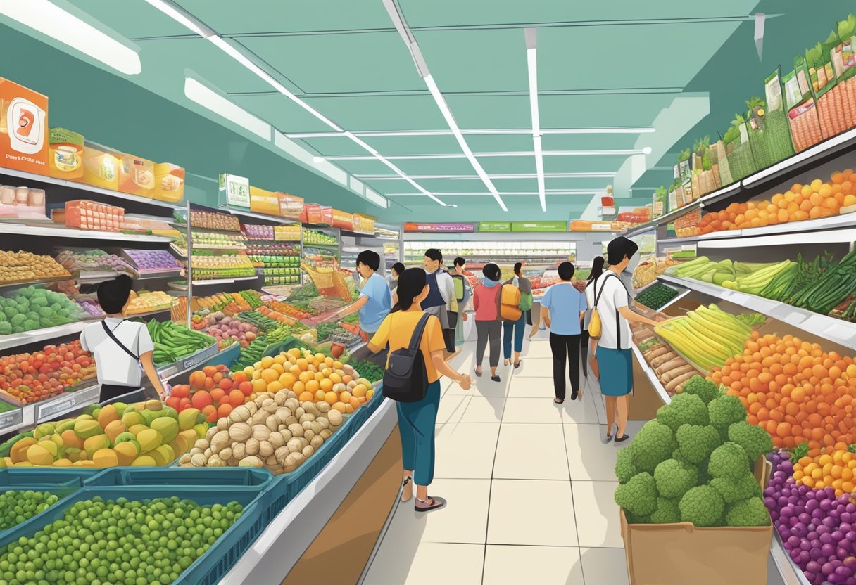 A bustling Thai supermarket in Singapore, filled with colorful produce, exotic spices, and busy shoppers