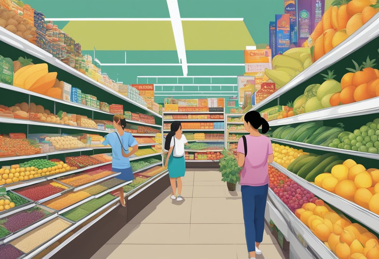 Customers browse colorful aisles of Thai supermarkets in Singapore, filled with exotic fruits, spices, and packaged goods. Thai music plays softly in the background, adding to the vibrant atmosphere